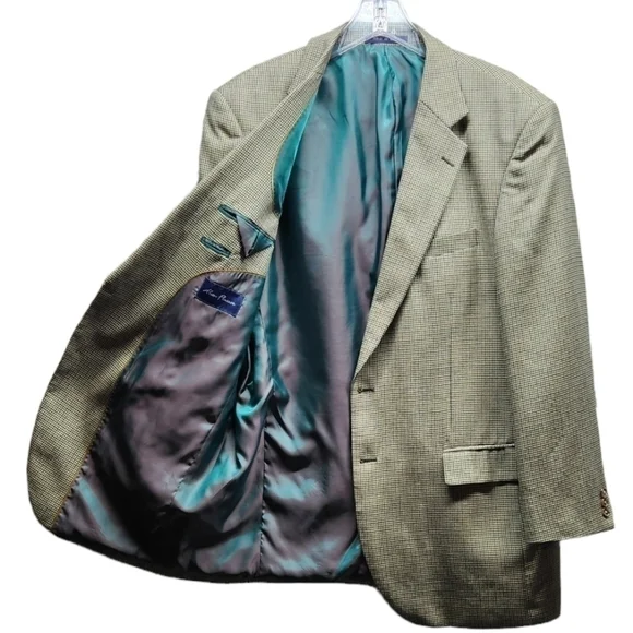 ALAN Flusser 44L Brown Houndstooth 2-Button Blazer Sport Coat Suit Jacket Silk - Picture 1 of 12